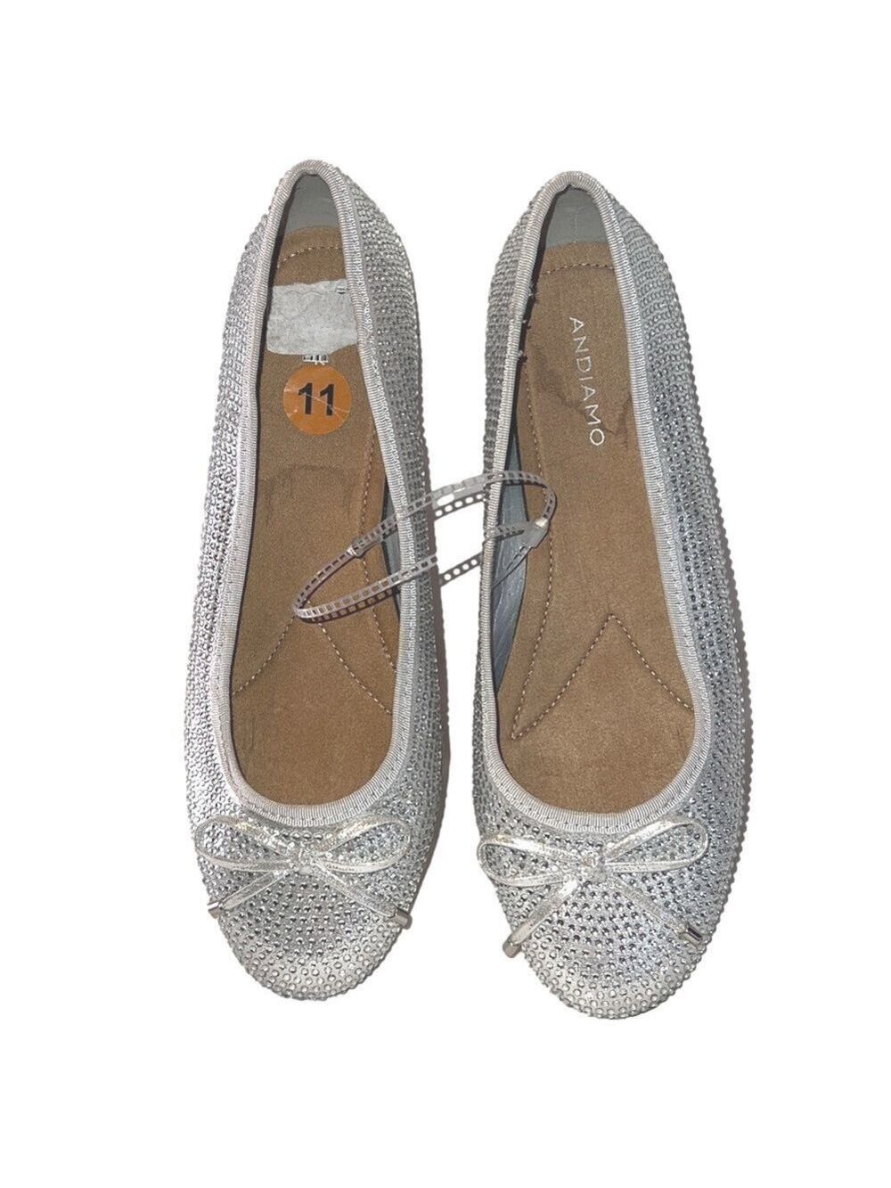 Andiamo Silver Rhinestone Flats with Bow, Size 11